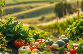 A beautiful landscape with fresh organic vegetables and fruits in a sunlit field.