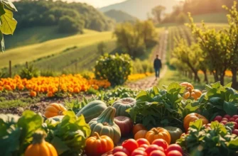 A beautiful sunlit orchard filled with organic produce and vibrant colors.