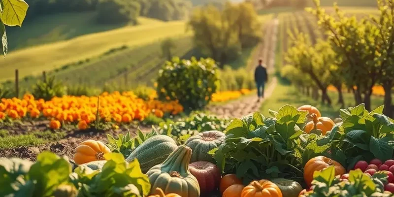 A beautiful sunlit orchard filled with organic produce and vibrant colors.