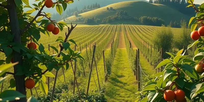 A picturesque sunlit field filled with vibrant fruits and vegetables, representing healthy eating.