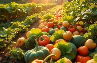 A vibrant field filled with organic fruits and vegetables in a lush landscape.