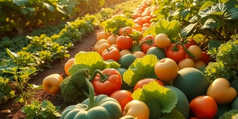 A vibrant field filled with organic fruits and vegetables in a lush landscape.