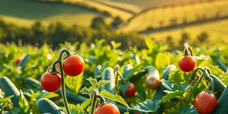 A vibrant natural landscape featuring various organic vegetables and fruits, illustrating the essence of Lebanese culinary ingredients.