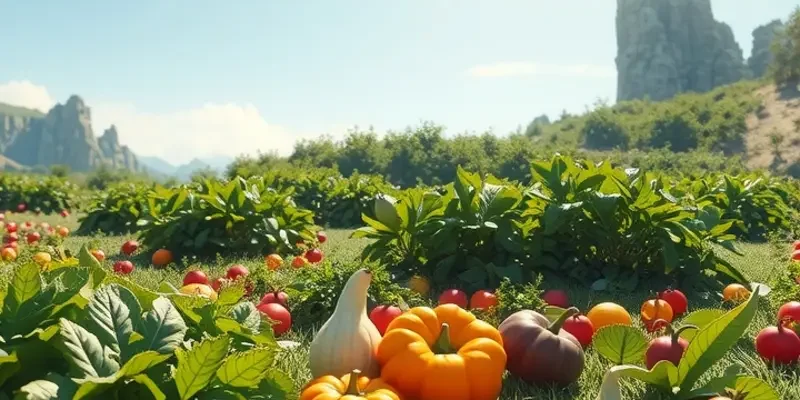 A bright sunlit landscape showcasing lush greenery and abundant colorful produce.