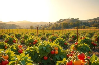 A beautiful sunlit landscape featuring a variety of fresh vegetables and fruits growing organically.