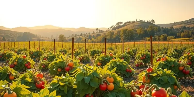 A beautiful sunlit landscape featuring a variety of fresh vegetables and fruits growing organically.