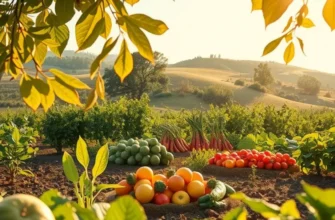 A glowing landscape filled with lush vegetables and fruits under warm sunlight, showcasing nature's gifts.