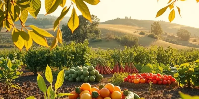 A glowing landscape filled with lush vegetables and fruits under warm sunlight, showcasing nature's gifts.