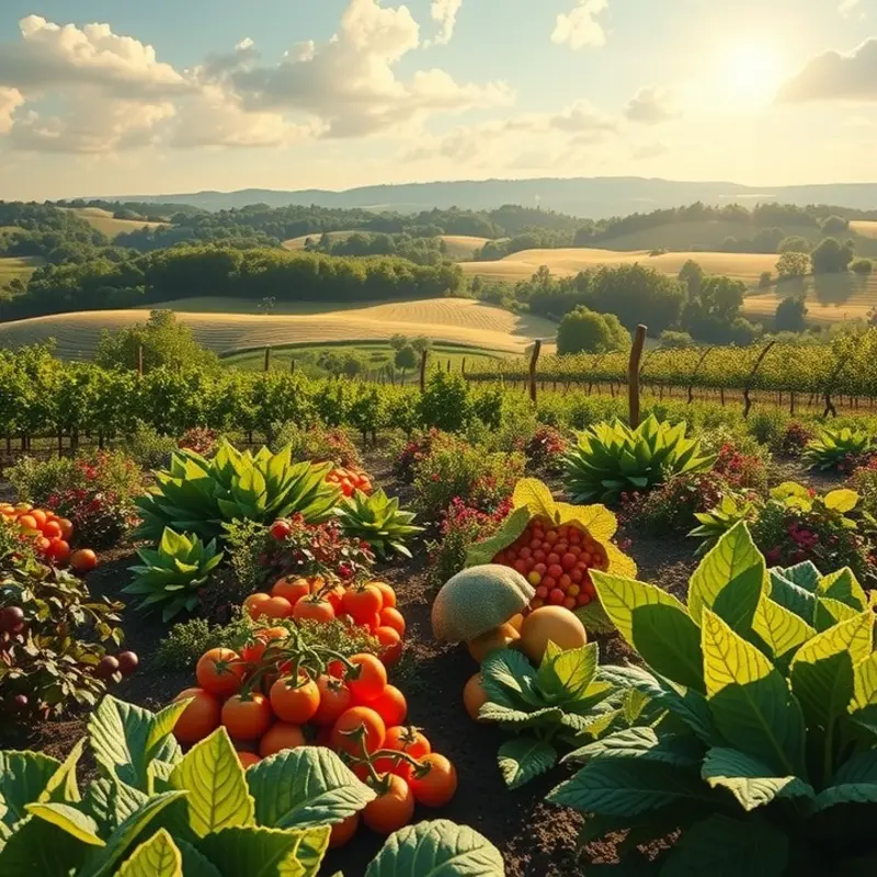 A sunlit orchard brimming with fresh vegetables and fruits.