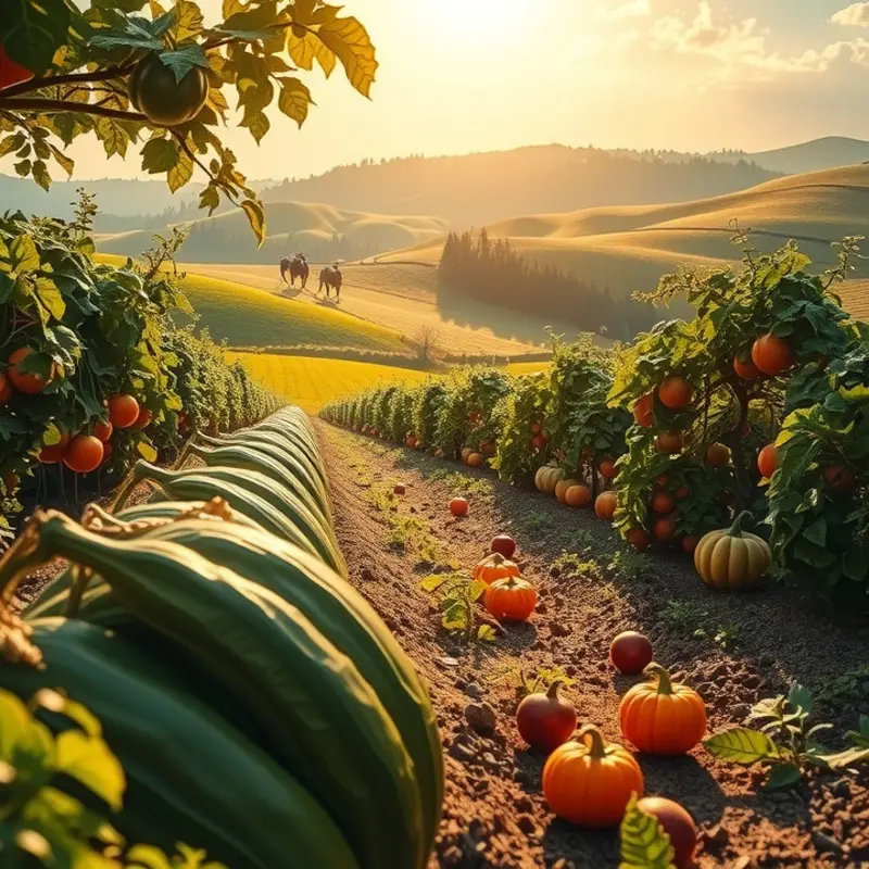 A vibrant sunlit field showcasing the abundance of organic vegetables and fruits.