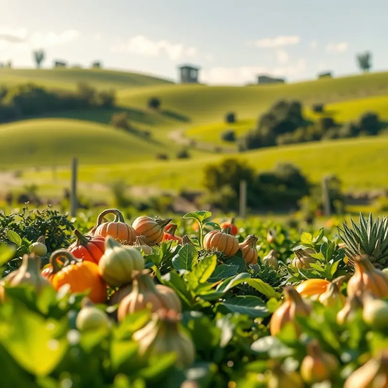 A vibrant sunlit field filled with organic fruits and vegetables, symbolizing health and nutrition.