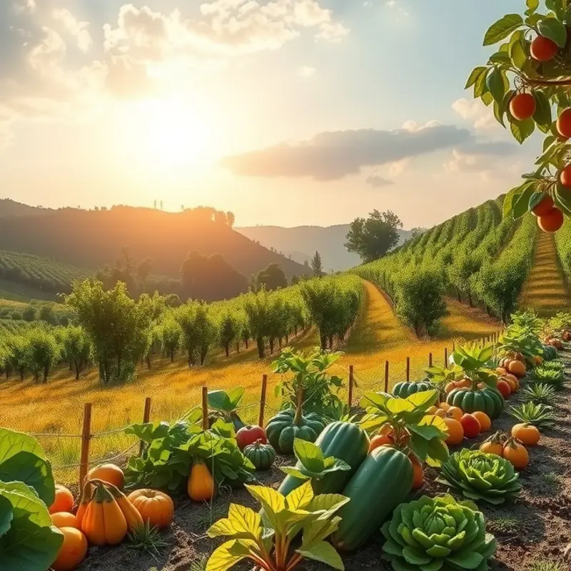 A sunlit field showcasing organic vegetables and fruits that embody pure, healthy nutrition.