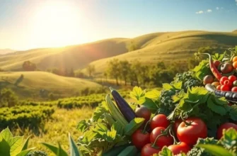 A tranquil orchard scene featuring a variety of organic fruits and vegetables in a natural setting.