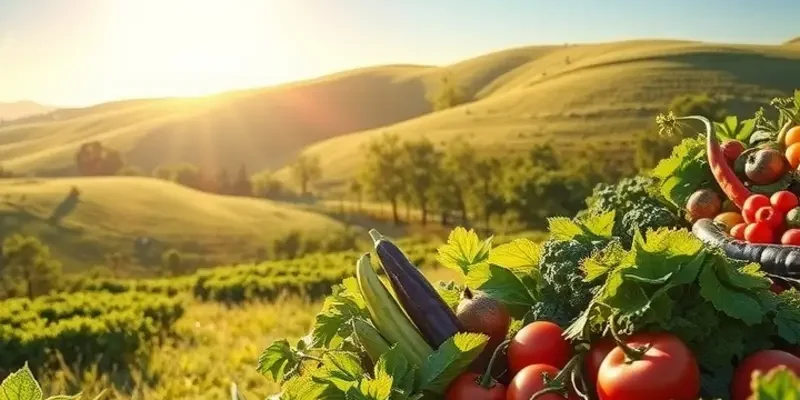 A tranquil orchard scene featuring a variety of organic fruits and vegetables in a natural setting.