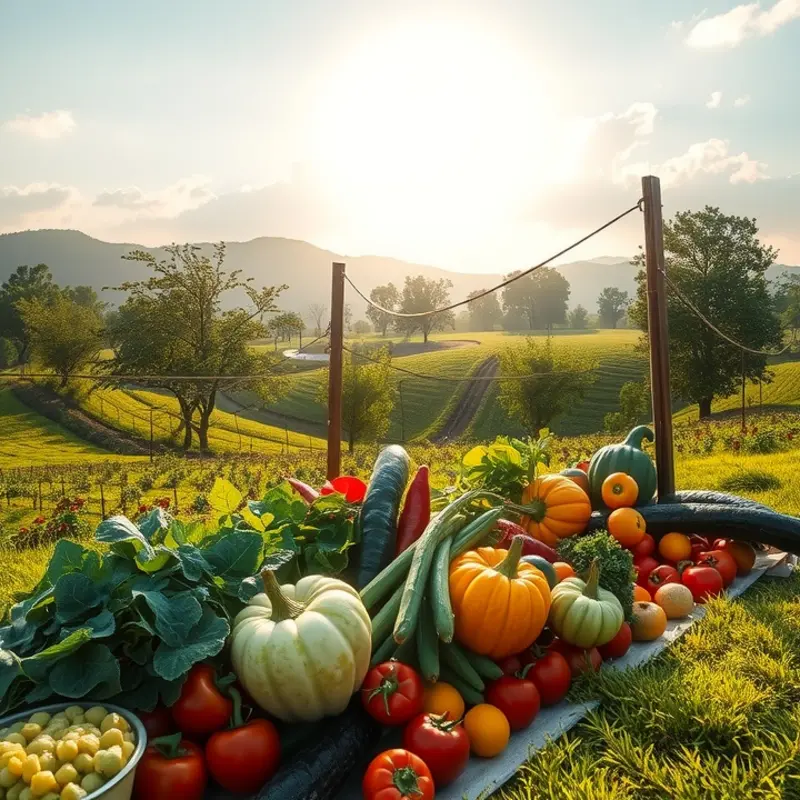 A vibrant orchard displaying a variety of fruits and vegetables in a natural, sunlit setting.