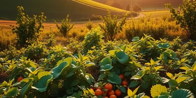 A sunlit garden brimming with fresh produce, representing the diverse cultural ingredients in dumpling cuisine.