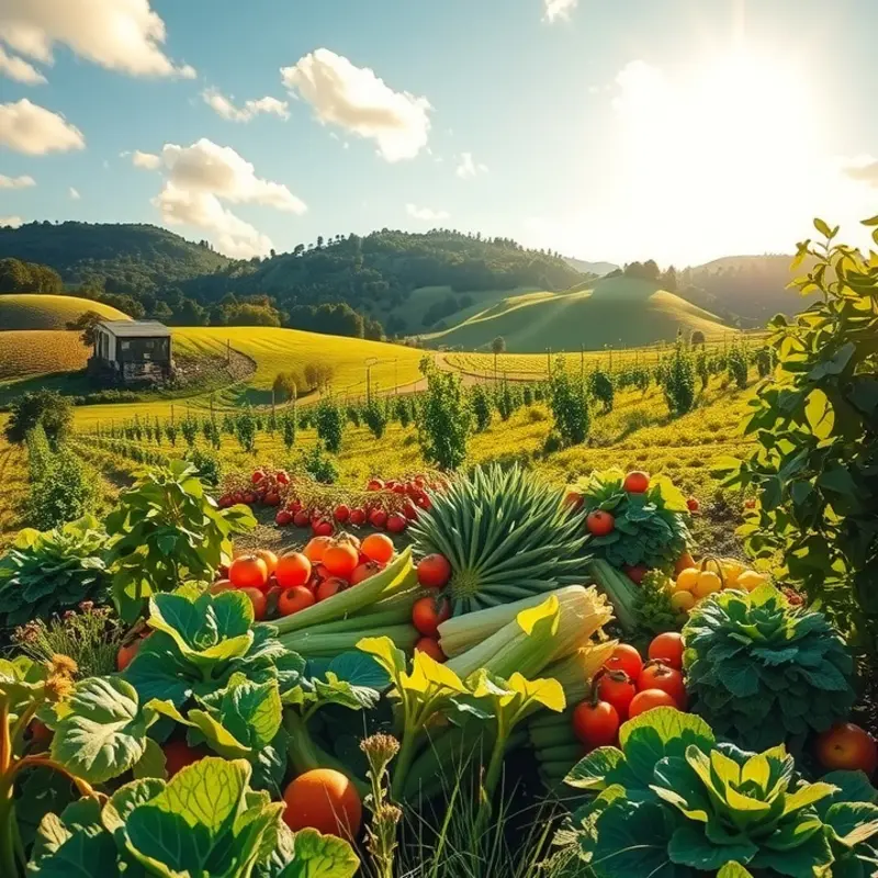 A sunlit field rich with organic produce reflecting the essence of French pastry traditions.