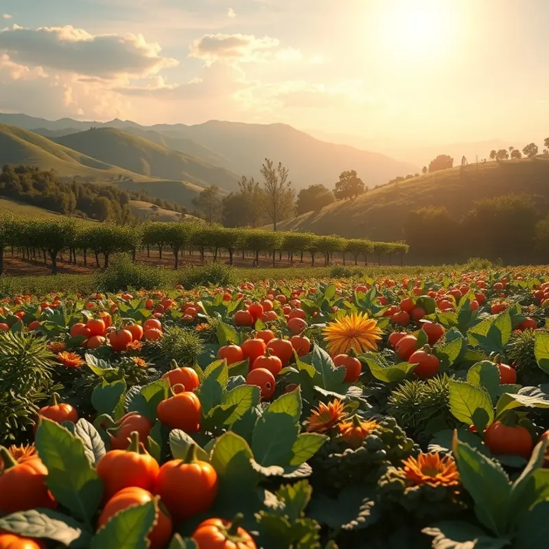 A sunlit field showcasing the abundance of organic fruits and vegetables.