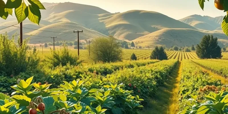 A vibrant landscape showcasing an abundance of fruits and vegetables in a natural setting.