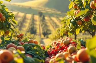 A vibrant landscape filled with organic fruits and vegetables in a natural setting.
