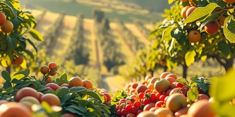 A vibrant landscape filled with organic fruits and vegetables in a natural setting.