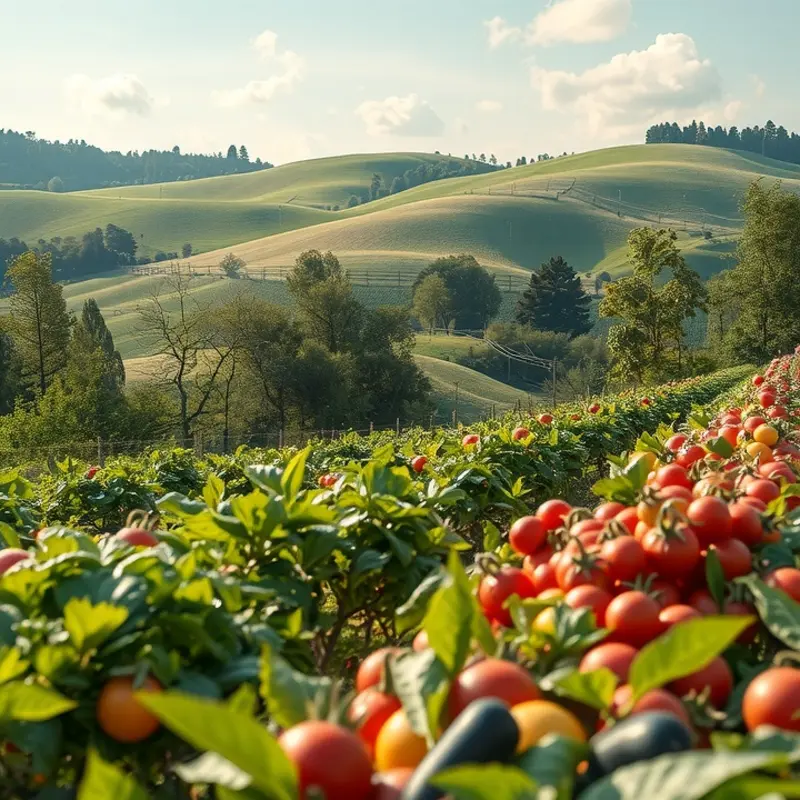 A scenic view of a lush field abundant with fresh fruits and vegetables.