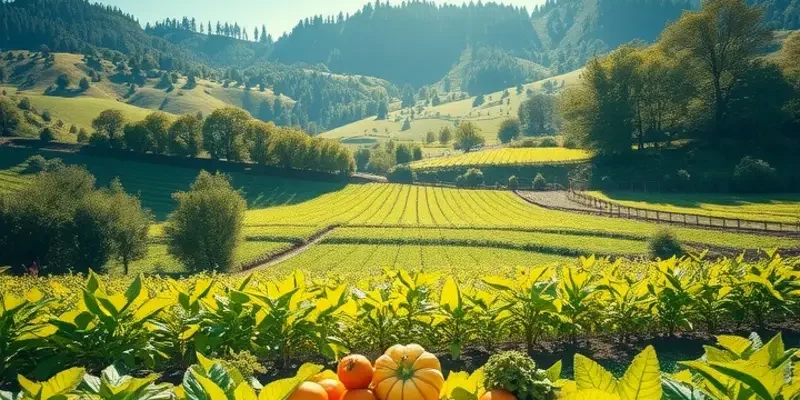 A sunlit landscape featuring lush greenery and vibrant produce, representing the natural bounty of Ireland.