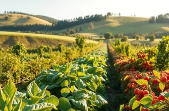Scenic view of a sunlit field filled with organic fruits and vegetables.