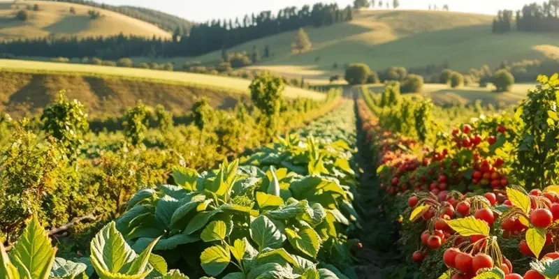 Scenic view of a sunlit field filled with organic fruits and vegetables.