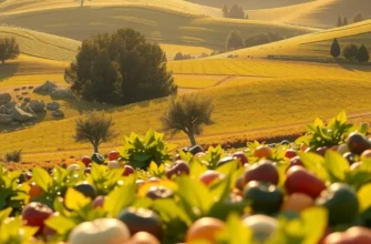 A lush landscape depicting an array of fruits and vegetables under natural sunlight.