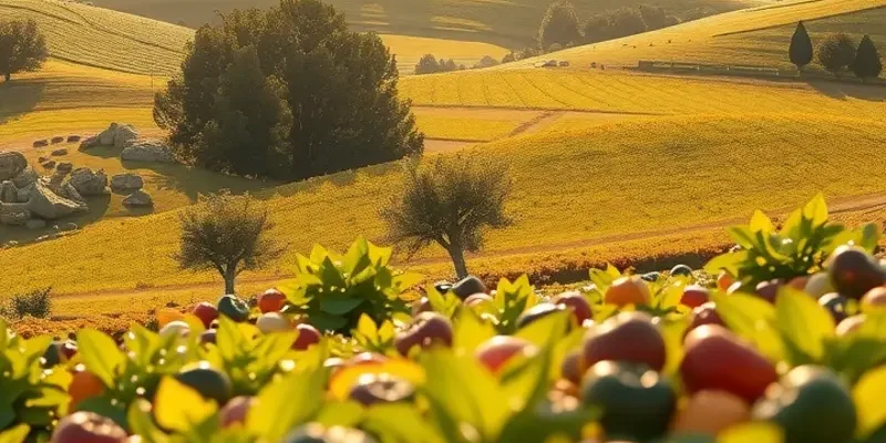 A lush landscape depicting an array of fruits and vegetables under natural sunlight.