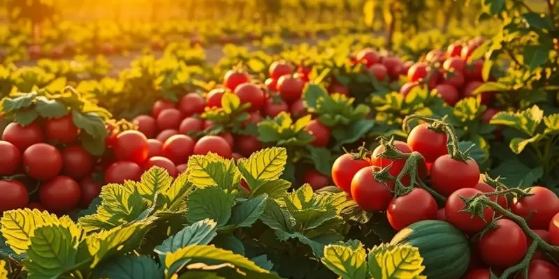 A bright field with a variety of vegetables and fruits under warm sunlight.