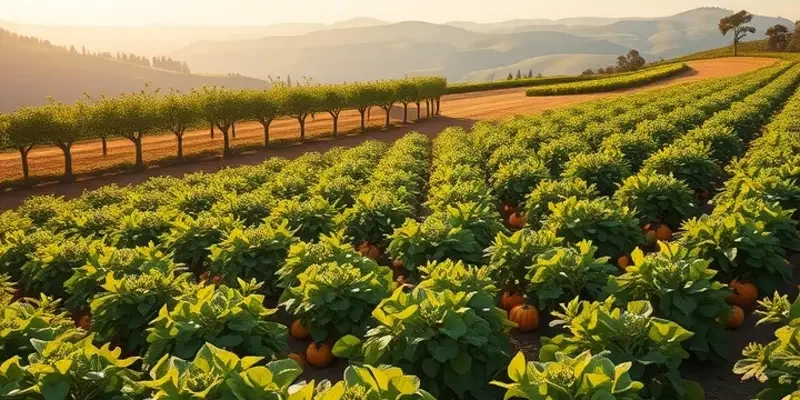 A vibrant natural landscape featuring abundant fresh fruits and vegetables.