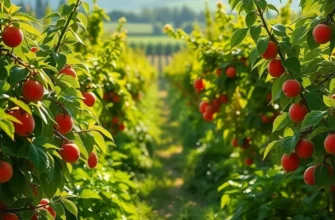A sunlit orchard showcasing an abundant variety of fruits and vegetables.