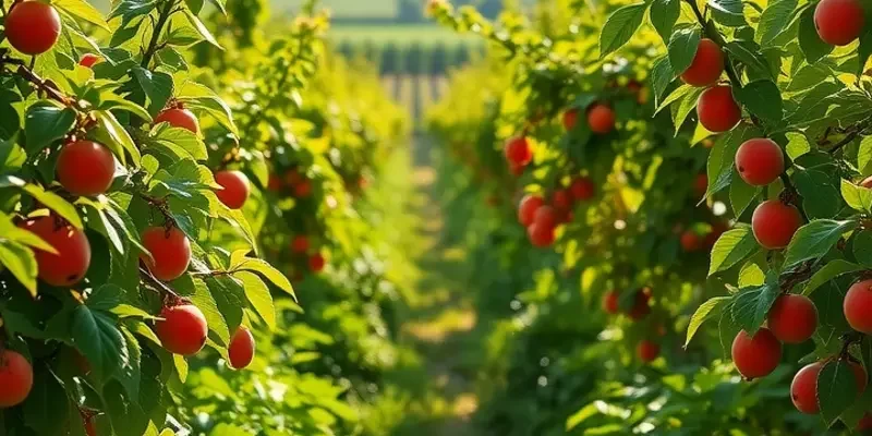 A sunlit orchard showcasing an abundant variety of fruits and vegetables.