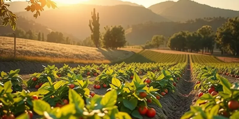 A beautiful sunlit landscape of an orchard filled with lush fruits and vegetables, emphasizing organic health.