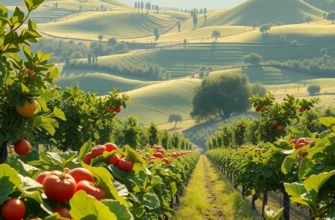 A tranquil sunlit field showcasing lush organic fruits and vegetables, symbolizing well-being and nourishment.