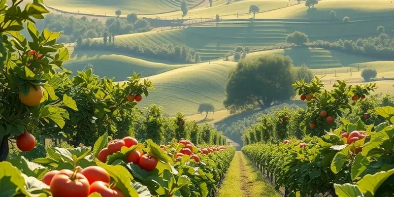 A tranquil sunlit field showcasing lush organic fruits and vegetables, symbolizing well-being and nourishment.