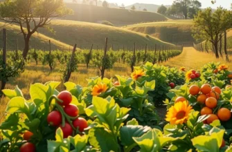 A serene view of a sunlit orchard filled with fresh organic vegetables and fruits, highlighting healthy nutrition.