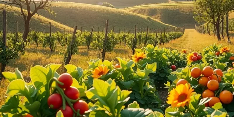 A serene view of a sunlit orchard filled with fresh organic vegetables and fruits, highlighting healthy nutrition.