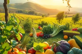 A vibrant landscape full of fruits and vegetables in a sunlit organic orchard.