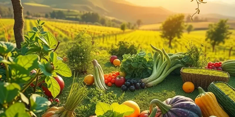 A vibrant landscape full of fruits and vegetables in a sunlit organic orchard.