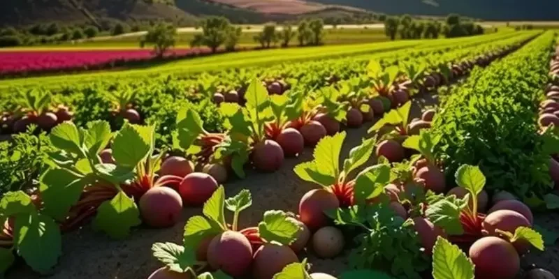 Sunlit orchard filled with vegetables and fruits, showcasing the natural abundance essential to Russian cuisine.