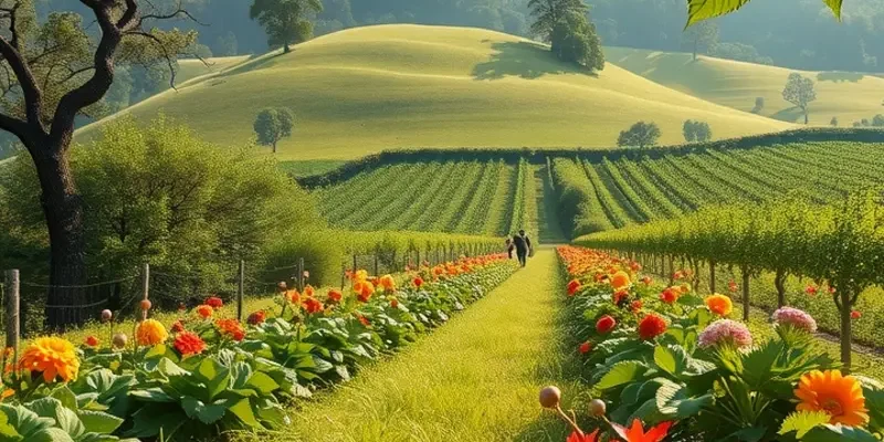 A beautiful organic field full of thriving fruits and vegetables, representing the essence of healthy nutrition.