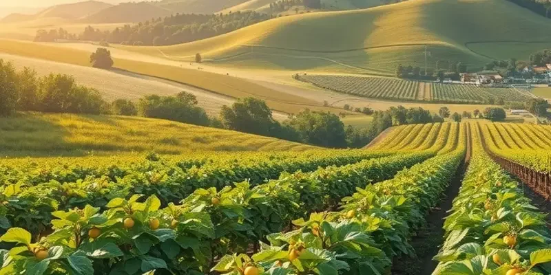 A sunlit field featuring an array of vegetables and fruits ideal for fermentation.