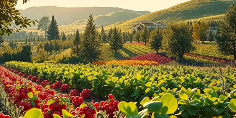 A picturesque organic field filled with vegetables and fruits under a bright sun.