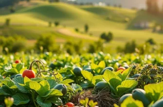 A scenic field showcasing an array of healthy, colorful vegetables and fruits, illuminated by warm sunlight.