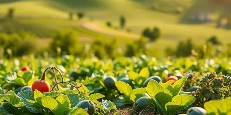 A scenic field showcasing an array of healthy, colorful vegetables and fruits, illuminated by warm sunlight.