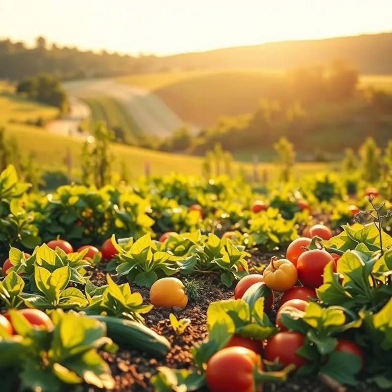 A vibrant orchard filled with organic vegetables and fruits, representing the natural alternatives to soy sauce.