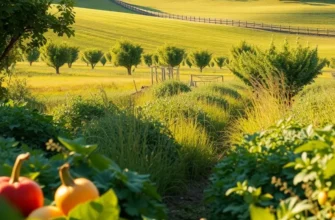 A picturesque field bursting with vibrant organic fruits and vegetables under warm sunlight.